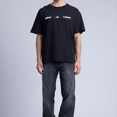 New York Yazılı Fırçalı Siyah Tişört
