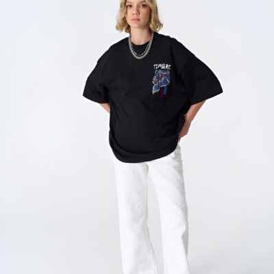 Timbre Mendil Desenli Unisex Siyah Oversize Tişört