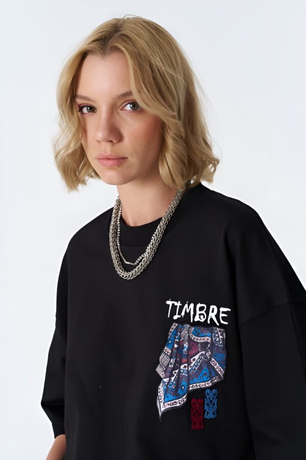 Timbre Mendil Desenli Unisex Siyah Oversize Tişört - Görsel 3
