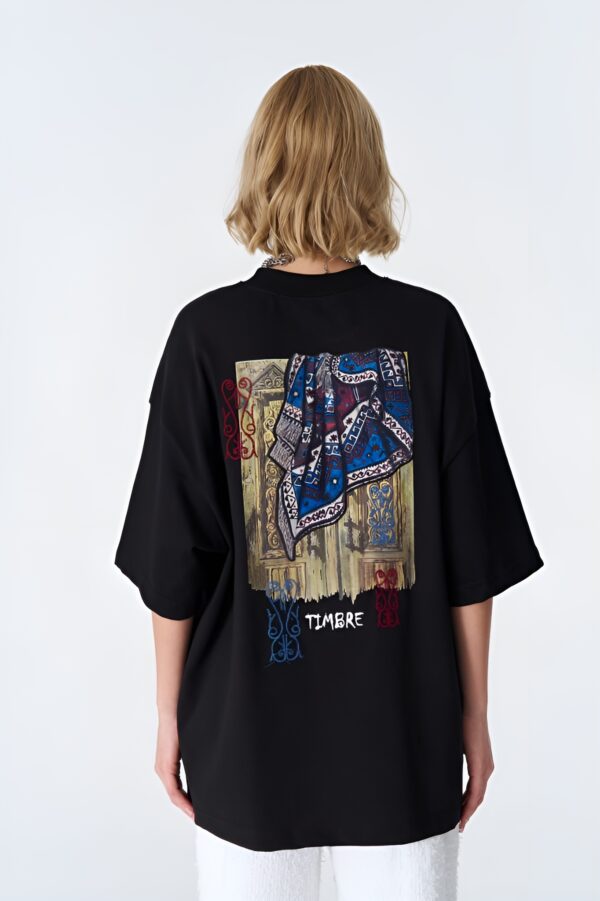 Timbre Mendil Desenli Unisex Siyah Oversize Tişört - Görsel 2