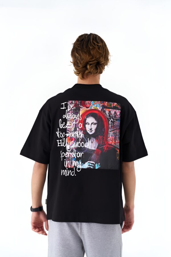Mona Lisa Desenli Siyah Oversize Tişört - Görsel 2
